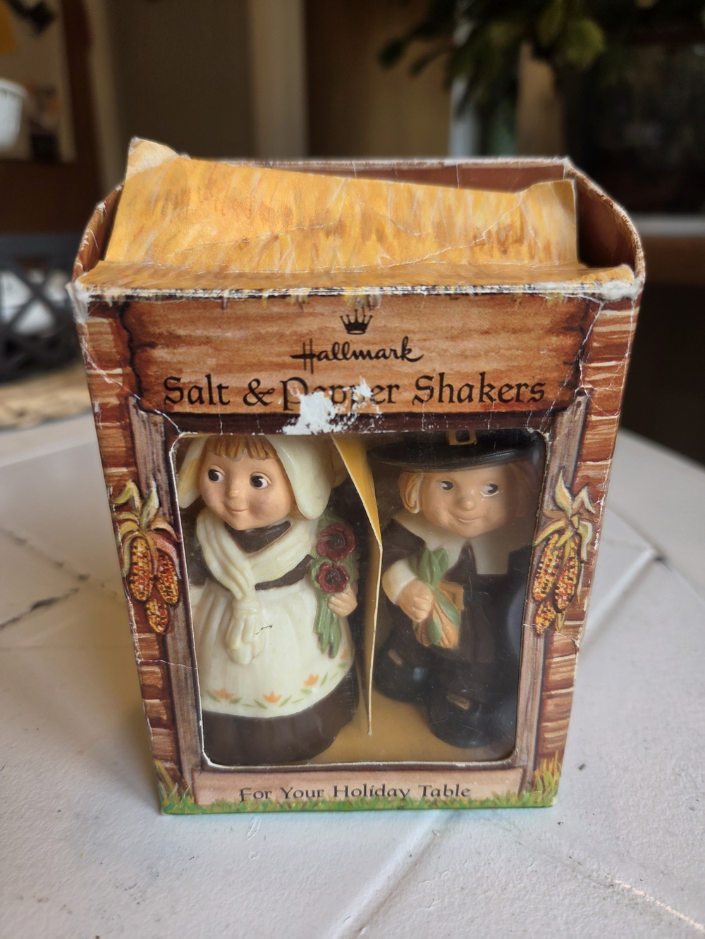 Vtg Hallmark Pilgrim Salt & Pepper Shakers In Box Thanksgiving Fall Mayflower